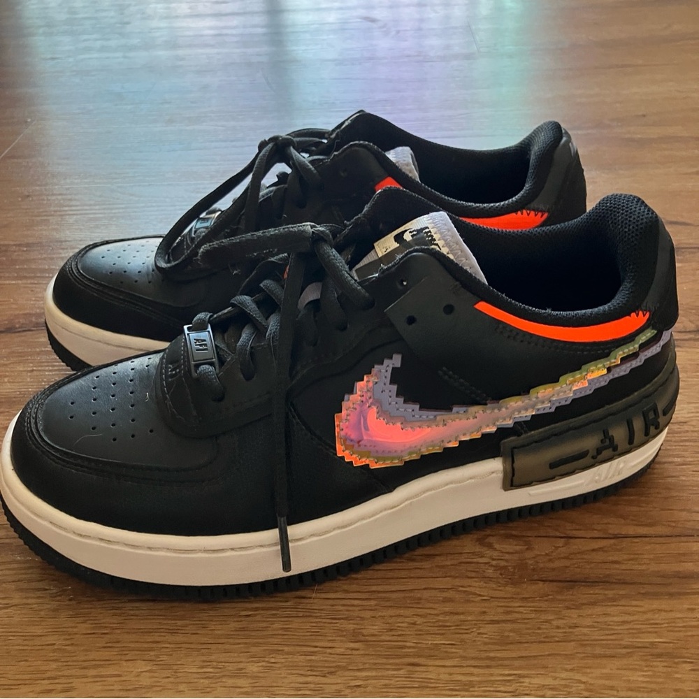 Nike Air Force 1 Pixel Black Orange with Iridescent swoosh